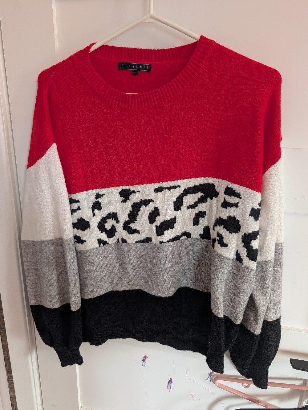 Red Colorblock Crewneck Sweater with Leopard Stripe